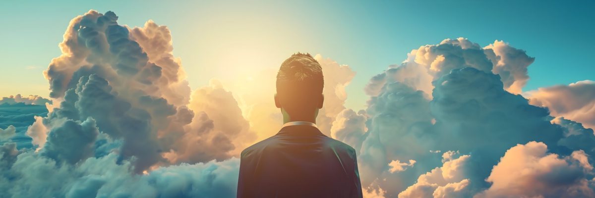 Businessperson or Manager Analyzing Cloud Data Statistics and Analytics Dashboard in a Modern Office Setting  Concept of Cloud Computing Information Technology and Data Driven Decision Making