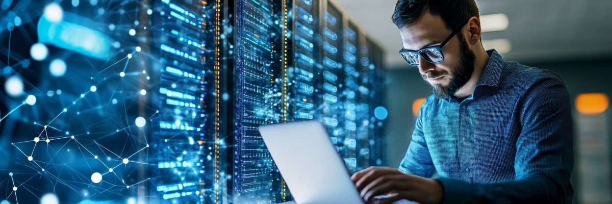 Computer engineer working on laptop computer with server room, data center, big data storage as backgrounds, digital technology, database, IT support, Generative AI